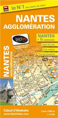 Plan de la ville de Nantes et de son agglomération (inclus : Fougères, Vitré, Redon) - Echelle : 1/14 000, avec index - Localisation des stations Bicloo