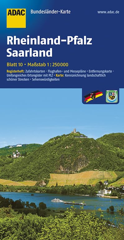 ADAC BundesländerKarte Deutschland 10. Rheinland-Pfalz und Saarland 1 : 250 000: Registerheft: Zufahrtskarten - Flughafen- und Messepläne - ... schöner Strecken - Sehenwürdigkeiten