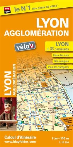 Plan de Lyon et de son agglomération (33 communes) - Avec localisation des stations Vélo'v et plan des transports (Métro, tramway)